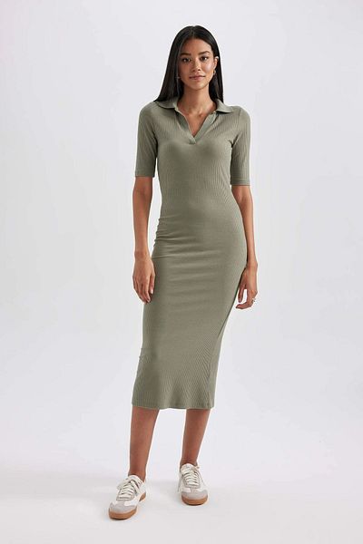 DeFacto Bodycon Polo Neck Fitted Basic Plain Corduroy Camisole Short Sleeve Midi Dress A2096Axkh397Ab