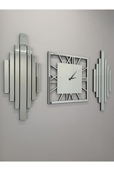 AYNA DENİZİ Perfect Time Silver Model Üçlü Set Dekoratif Aynalı Saatli Niş Ta...