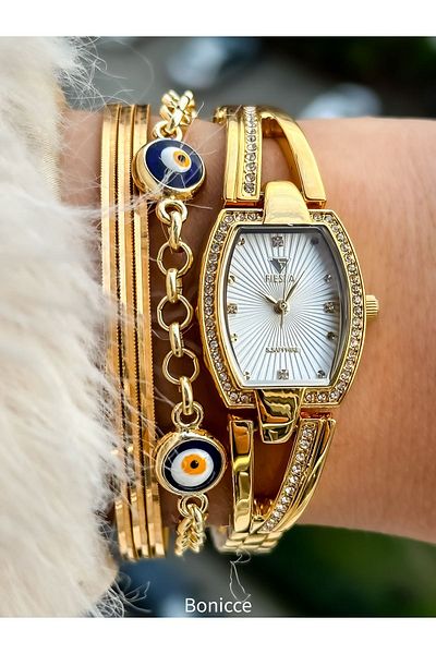 Fiesta Gold Yellow Steel Handcuff Cord Bridal, Engagement, Wedding Ladies Wrist Watch