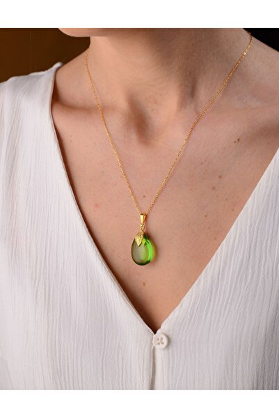 Amberistan Altın Kaplama 925 Ayar Gümüş Yeşil Yetişkin Kehribar Kolye – Gümüş Zincir, Kehribar Mücevher