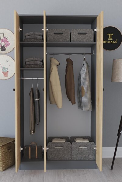Remaks Fuga 3 Kapaklı Elbise Dolabı - Antrasit Gövde Meşe Kapak