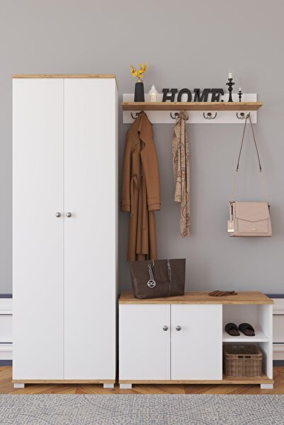 Remaks Crown Vestiyer Ayakkabılık Portmanto Ve Duvar Askısı Meşe / Beyaz