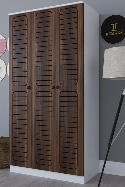 Remaks Fuga 3 Kapaklı Elbise Dolabı - Beyaz Gövde Ceviz Kapak