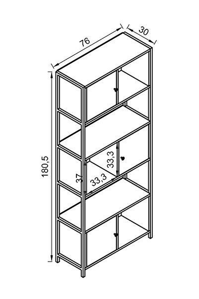 Remaks Segara Metal Ayaklı 5 Raf 3 Kapaklı Kitaplık Antrasit - Aro Desenli