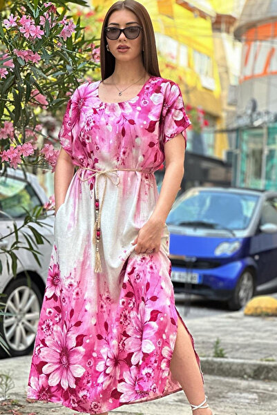 TRND Uzun Çiçek Desenli Yırtmaçlı Hasır Kemer Elbise