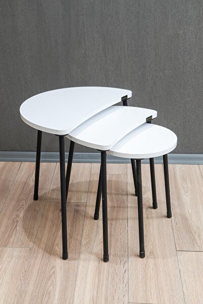 Remaks Moon Metal Ayaklı 3'lü Zigon Sehpa Çay Sehpası Servis Sehpası - Beyaz / Beyaz