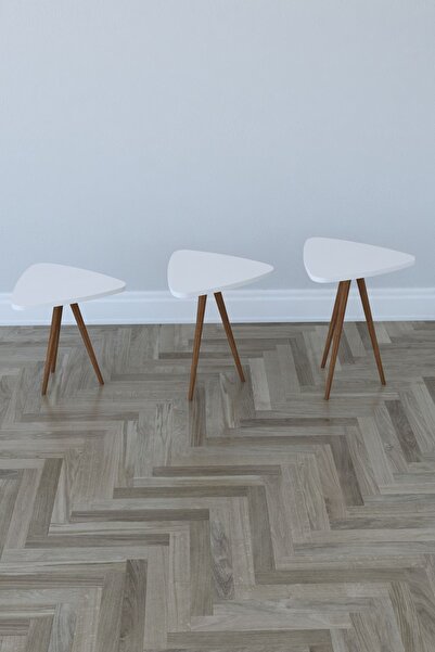 Remaks Retro 3'lü Üçgen Zigon Sehpa ve Servis Sehpası - Beyaz