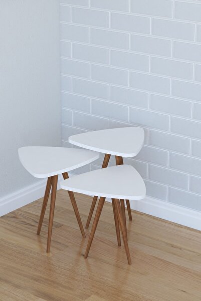 Remaks Retro 3'lü Üçgen Zigon Sehpa ve Servis Sehpası - Beyaz