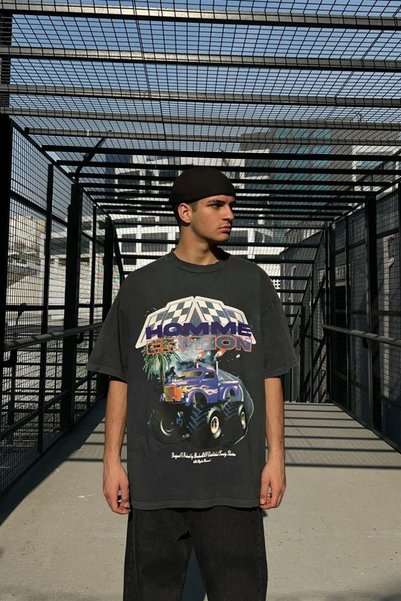 NEWLAKER تي شيرت مقاس كبير للجنسين من Homme Edition Acid Wash