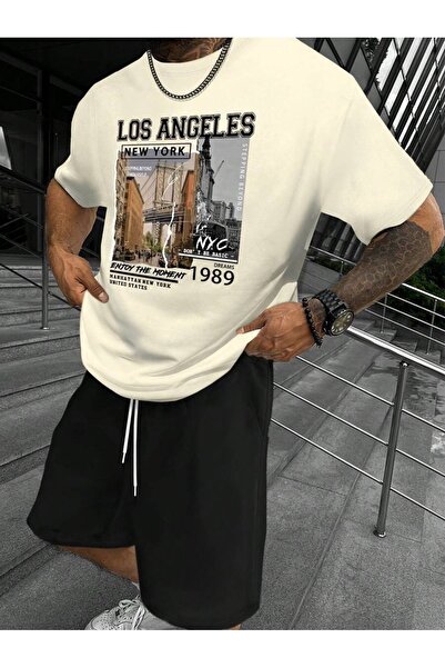 Hunors Sportswear & Company Los Angeles Printed Beige and Black Shorts T-shirt Set - Set of 2