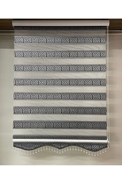 yağmur zebra Siyah Renk Versace Desenli Gümüş Sim Detaylı Boncuklu Zebra Stor Perde