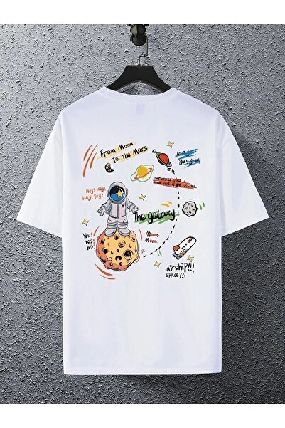 DESCARTES Unisex Λευκό Oversize T-shirt με λαιμόκοψη με τύπωμα Planet στην πλάτη