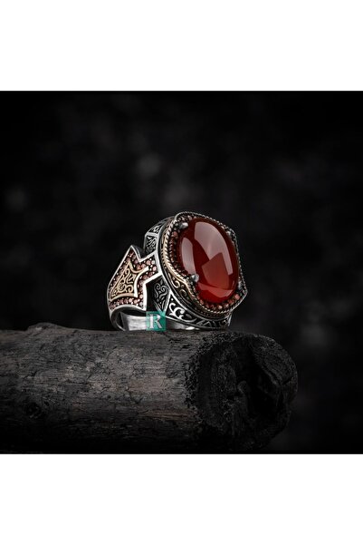 RevSilver Oval Akik Kırmızı Taşı 925 Ayar Gümüş Yüzük Yanlardan Mini Zirkon I...