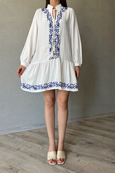 Seda Yalçın Atelier Λινό Φόρεμα - Λεπτομέρεια Λευκού Κεντήματος