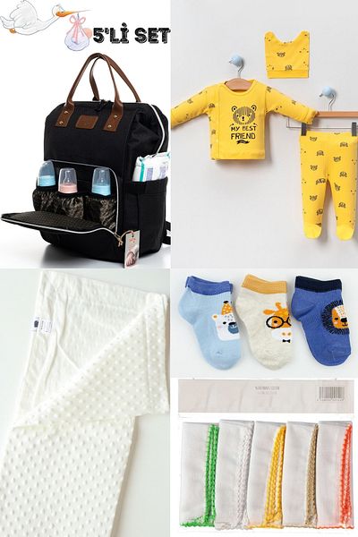 Bombinoo Large Birth Set of 5 - Baby Bag, Hospital Exit, Chickpea Blanket, 10-Piece Wipes and 3-Piece Socks