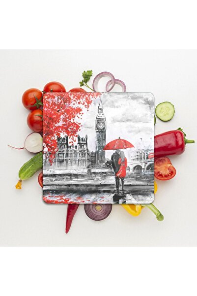 Decovetro Cam Sunum Servis Tabağı Kare Love London Desenli 30 x 30 Cm