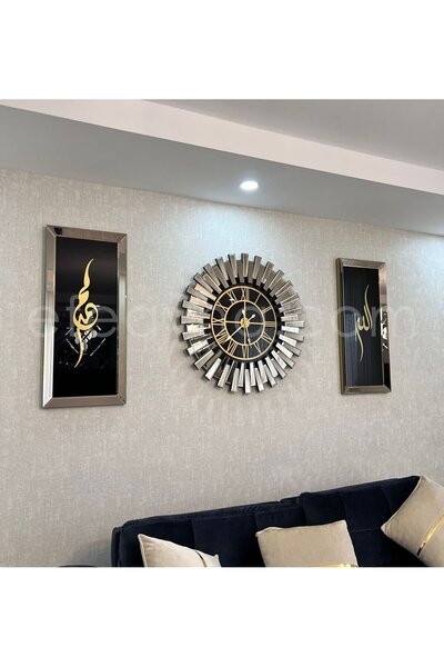 Efe Ayna PİYANO X-3LÜ BRONZ AYNA DUVAR SAATİ VE TABLO SETİ-BÜYÜK(Duvar saati:83cm,Tabloların herbiri 40x90cm)