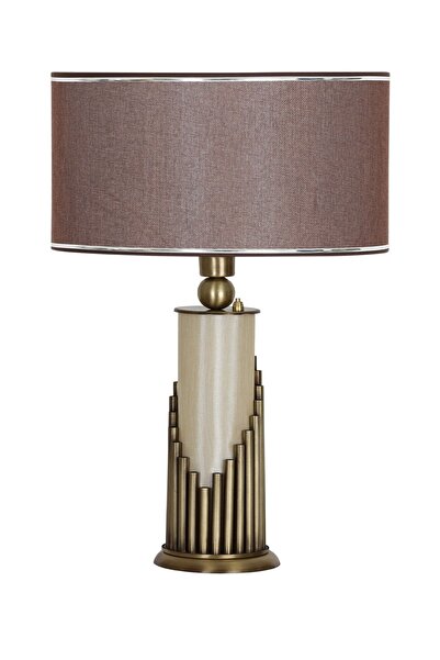 Vinner Doha Eskitme Gövde Işıklı Metal Abajur Krom Şeritli Hasır Koyu Kahve