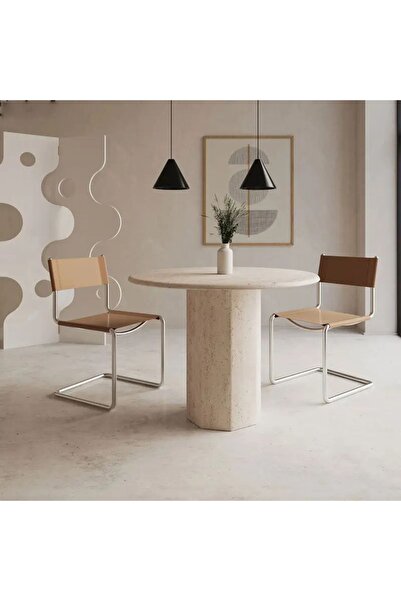 Sümeyra Marble Art Natura - Doğal Traverten Mermer Masa | 4 Kişilik | 90cm |