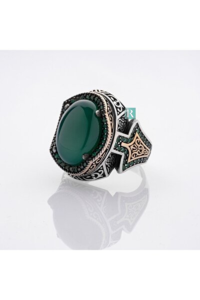 RevSilver Oval Akik Yeşil Taşı 925 Ayar Gümüş Yüzük Yanlardan Mini Zirkon Işl...