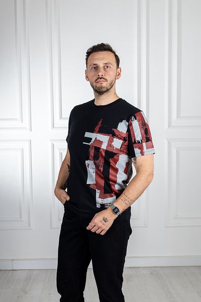 Sarar 0 Μαύρο T-Shirt με στάμπα γιακά - 100% βαμβακερό βασικό μοντέλο