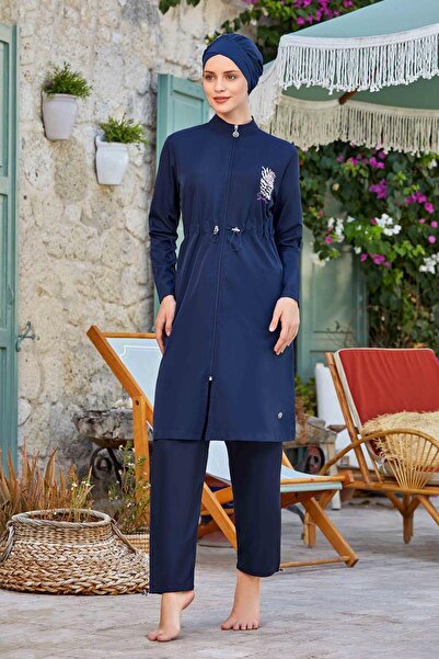 REMSA Dark Navy Levy Battal 8287 - Full Covered Large Size Hijab Swimsuit