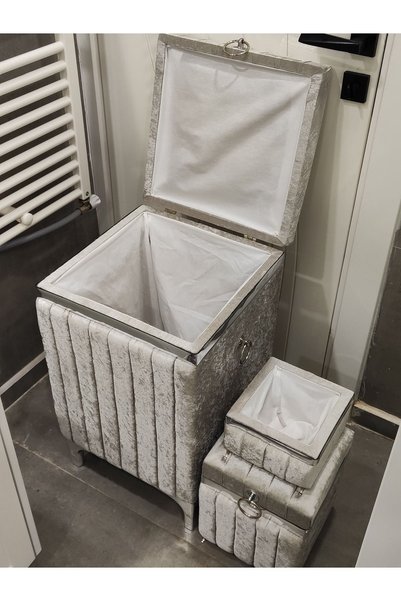 heskar home concept 3 Parça Kare Gri Renk Gümüş Şeritli Lüks Kadife Banyo Kirli Çamaşır Sepeti
