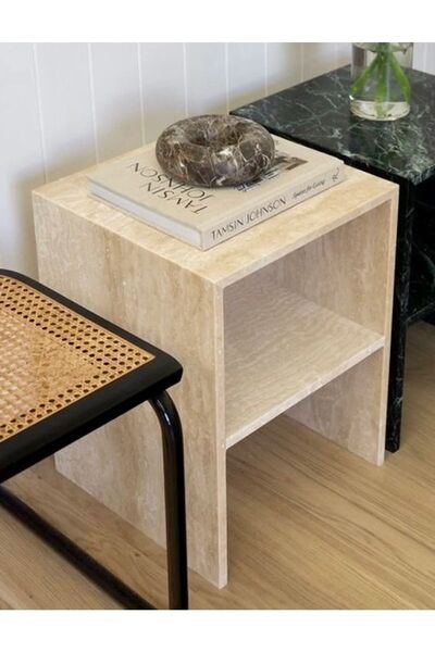 Sümeyra Marble Art Weıncut - Traverten Dekoratif Tek Sehpa | Modern Yan Sehpa Raflı | 50cm |