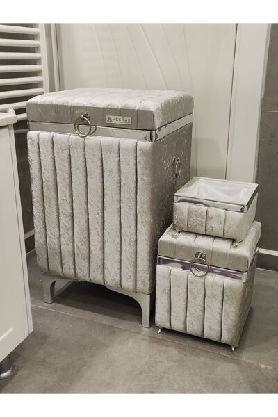 heskar home concept 3 Parça Kare Gri Renk Gümüş Şeritli Lüks Kadife Banyo Kir...