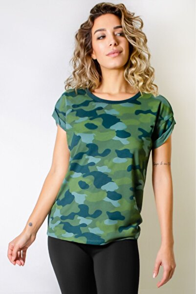 ARESMODA تي شيرت نسائي برقبة دائرية منقوش باللون الأخضر المموه
