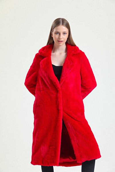 KürkZone Women's Red English Collar Blue Rex Fur Plush Coat