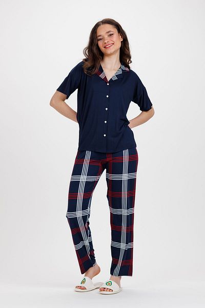 Ecrou Women's Navy Plaid Baby Collar Buttoned Long Bottom Pajama Set