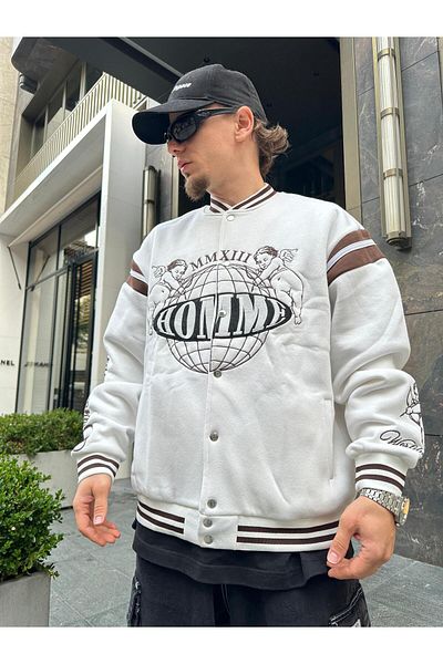 NEWLAKER Unisex Oversize Limited Edition Ecru Homme Bomber College Jacket
