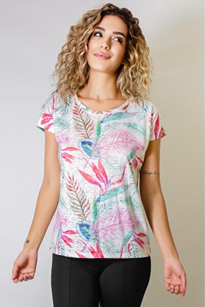 ARESMODA تي شيرت نسائي من الفسكوز المطبوع برقبة دائرية