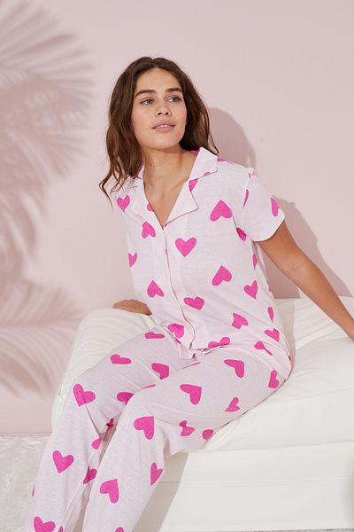 Siyah İnci Cotton Knitted Pajama Set - Pink Fuchsia, Heart Pattern and Buttoned