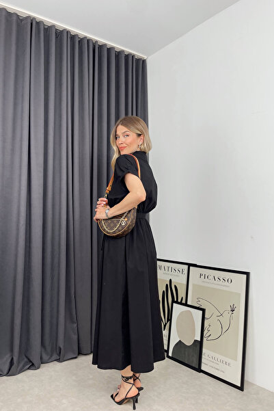 Sue Store Siyah Kemerli Gömlek Elbise