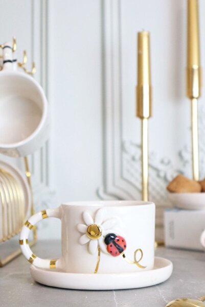 ada mia seramik Papatya Figürlü 24k Altın Dekorlu El Yapımı Seramik Mug 170ml