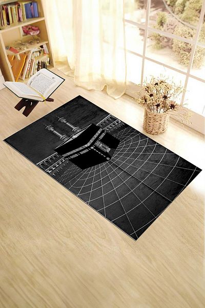 EY HOME Digital Printed Washable Kabe Motif Stylish Design Prayer Rug Prayer Rug 70x130, Prayer Rug-48-black,