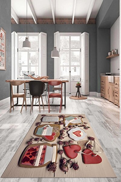 EY HOME 3D Kalp Fincan Motifli Kaymaz Taban Yıkanabilir Modern Yolluk Mutfak ...