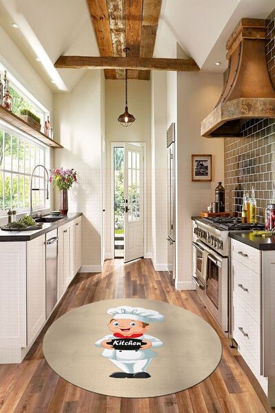 EY HOME Kitchen Yazılı Aşçı Motifli Kaymaz Taban Yıkanabilir Yuvarlak Mutfak ...