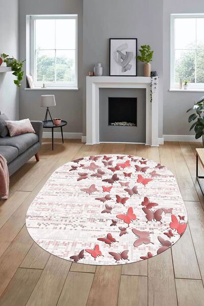 EY HOME Baskılı Kaymaz Taban Yıkanabilir Kelebek Desen Oval Yolluk Mutfak Sal...