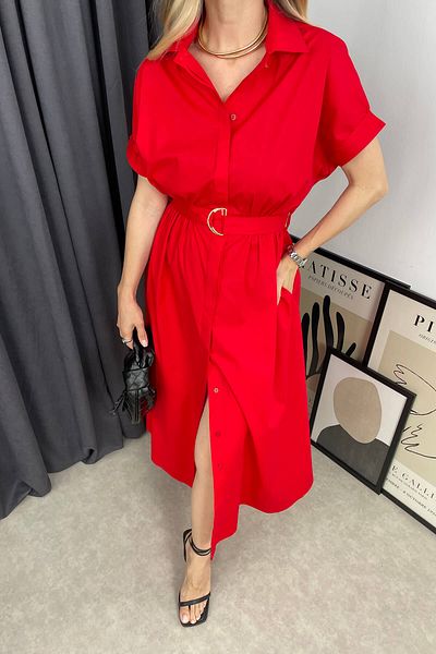Sue Store Red Belt Detailed Shirt Dress