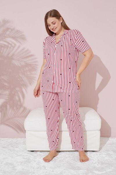 Siyah İnci Heart Patterned Red Striped Knitted Pajama Set - Buttoned