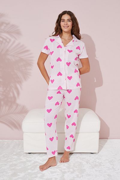 Siyah İnci Cotton Knitted Pajama Set - Pink Fuchsia, Heart Pattern and Buttoned