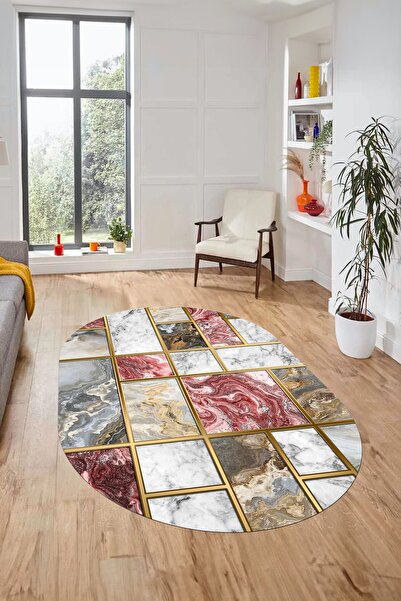 EY HOME سجادة أنيقة بتصميم رخامي رقمي مضاد للانزلاق قابلة للغسل بيضاوية الشكل...