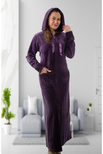ESRATEKS Copy - Stone Color Hooded Long Velvet Dress with Zipper on the Front