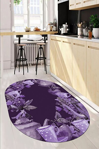 EY HOME Dijital Baskılı Kaymaz Taban Renkli Fincan Motifli Oval Yolluk Mutfak...