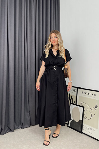 Sue Store Siyah Kemerli Gömlek Elbise