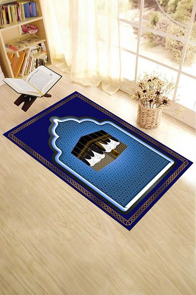 EY HOME Digital Printed Qabe Motif Washable Motif 70x130 Prayer Prayer Rug, Prayer Rug-4-blue,