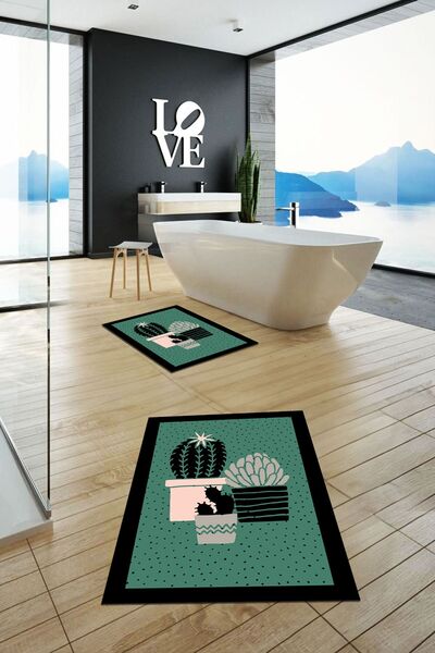 EY HOME طقم سجادة حمام مزدوجة بنمط زهرة الصبار غير قابلة للانزلاق وقابلة للغس...